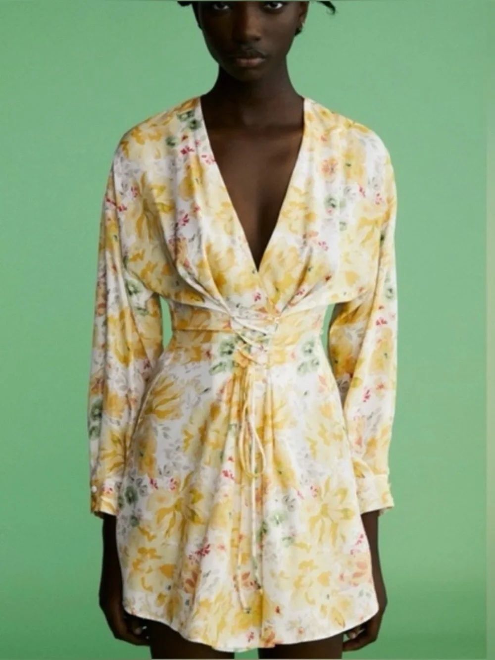 Zara Yellow Floral V-Neck Mini Dress